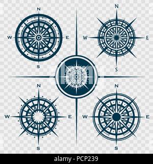Set of isolated compass roses or wind roses Stock Vector
