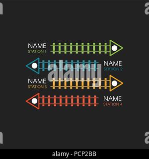 Railroad tracks, railway simple icon, rail track direction, train tracks colorful vector illustrations on black backgroud, colorful stairs, subway stations map top view, infographic elements. Stock Vector