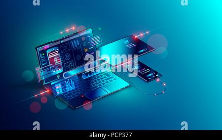 Mobile app development and design. Sketch layout of mobile application debug on smartphone and tablet. Testing usability interface website or software Stock Vector