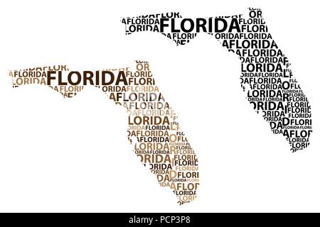 Sketch Florida (United States of America, The Sunshine State) letter text map, Florida map - in the shape of the continent, Map Florida - brown and bl Stock Vector