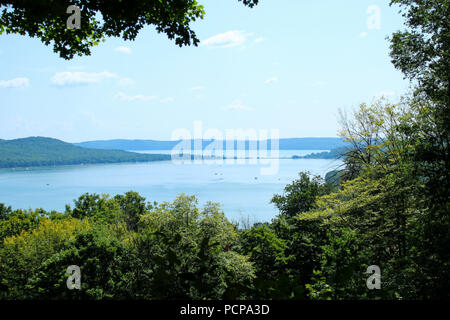 Beautiful sunny summer afternoon viewing a lake surrounded by a forest. Glen Lake. Empire, Michigan. Sleeping Bear Dunes National Lake Shore. Stock Photo