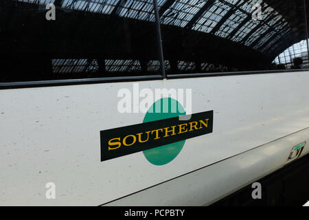 A Southern Railway carriage at Brighton train station in England. Stock Photo