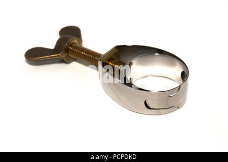 Single isolated industrial hose clamp clip on white background Stock Photo