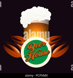 Pub or Beer House Emblem. Glass full of beer and boiled crawfish. Vector illustration. Stock Vector