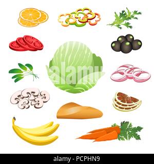 Healthy Food set. Banana, tomato, onion, orange, olives, carrot, cabbage. Vector illustration. Stock Vector