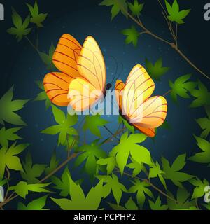 Two butterflies flying in summer night forest. Vector illustration. Stock Vector
