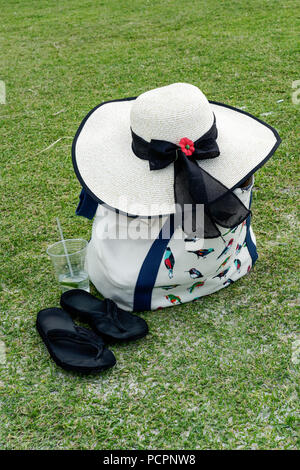 summer accessories of floppy hat, tote bag and flip flops with an almost empty refreshing drink beside them sitting on the grass Stock Photo