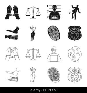 Robbery attack, fingerprint, police officer badge, pickpockets.Crime set collection icons in black,outline style vector symbol stock illustration . Stock Vector