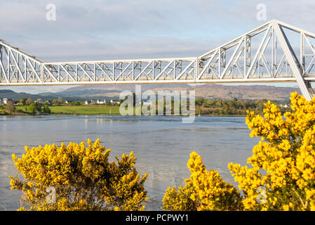sunset over the Connel bridge and Lora waterfall Stock Photo