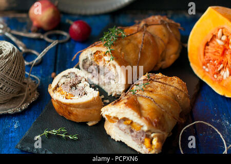 Roll with pumpkin baked. Delicious healthy lunch in autumn. Stock Photo