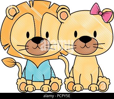 cute and adorable couple lions characters vector illustration design Stock Vector