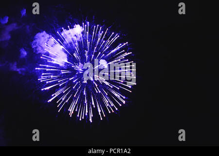 Stunning fireworks blue flowers on the night sky. Brightly fireworks on dark black color background. Holiday relax time with a pyrotechnic show. Stock Photo