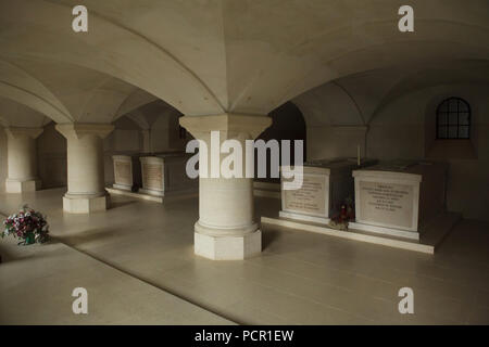 Sarcophagi of Duke Ernst von Hohenberg (1904 - 1954) and his spouse Duchess Marie von Hohenberg (1910 - 1985) in the family crypt under the Artstetten Castle (Schloss Artstetten) in Artstetten-Pöbring in Lower Austria, Austria. Duke Duke Ernst von Hohenberg was the youngest son of Archduke Franz Ferdinand of Austria and his wife Duchess Sophie von Hohenberg who were assassinated in Sarajevo on 28 June 1914. Sarcophagi of Duke Maximilian von Hohenberg and his spouse Duchess Maria Elisabeth von Hohenberg are seen in the background. Stock Photo