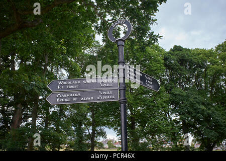 Visitor sign post for walks in the grounds of Duff House. Stock Photo