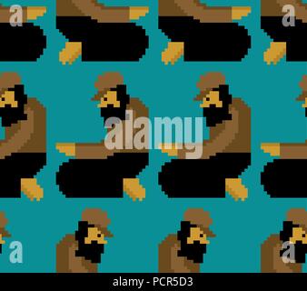Homeless pixel art pattern. Beggars 8 bit ornament. digital Poor. bum hobo Vector background Stock Vector