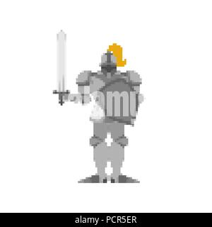 Knight pixel art. Metal armor warrior 8 bit. Digital Iron armor. Plate and sword. Vector illustration Stock Vector