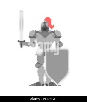Knight pixel art. Metal armor warrior 8 bit. Digital Iron armor. Plate and sword. Vector illustration Stock Vector