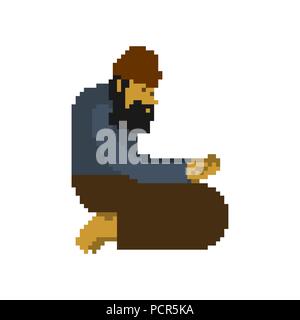 Homeless pixel art. Beggars 8 bit. digital Poor. bum hobo Vector illustration Stock Vector