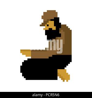 Homeless pixel art. Beggars 8 bit. digital Poor. bum hobo Vector illustration Stock Vector