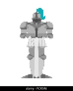 Knight pixel art. Metal armor warrior 8 bit. Digital Iron armor. Plate and sword. Vector illustration Stock Vector