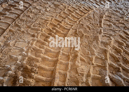 Truck Tire Tracks In Sand At Construction Site, New jersey, USA Stock Photo