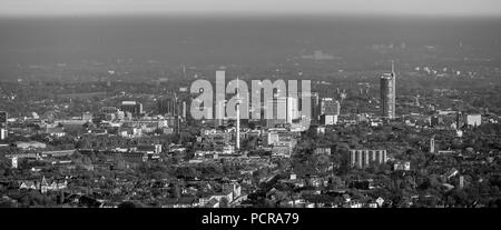 Essen skyline, skyscrapers, RWE tower, black and white shot, TV tower, Essen, Ruhr area, North Rhine-Westphalia, Germany Stock Photo