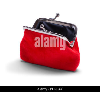 Open Red Velvet Coin Purse Isolated on White. Stock Photo