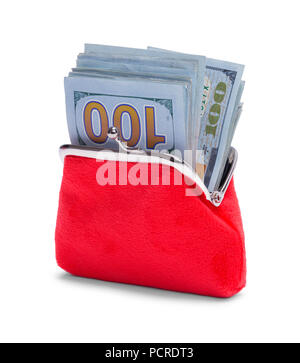 Red Coin Purse Stuffed Full of Money Isolated on White Background. Stock Photo