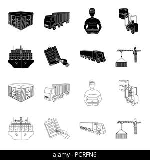 Sea freight, signature of delivery documents, truck, tower crane with a container. Logistics and delivery set collection icons in black,outline style  Stock Vector