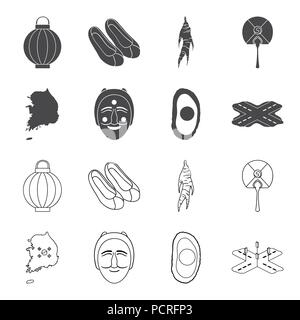 A map of the state with a flag, a Korean mask, a national egg meal, a crossroads with traffic lights. South Korea set collection icons in black,outlin Stock Vector