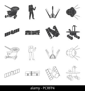 The space station in orbit, the preparation of the launch rocket, the lunar rover on the surface. Space technology set collection icons in black,outli Stock Vector