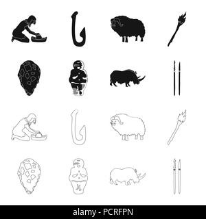 Primitive, woman, man, cattle .Stone age set collection icons in black,outline style vector symbol stock illustration . Stock Vector