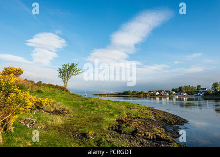 sunset over the Falls of Lora waterfall in a sunny spring evening Stock Photo