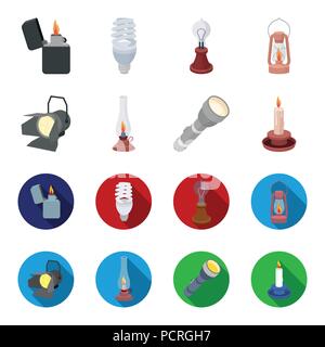 Searchlight, kerosene lamp, candle, flashlight.Light source set collection icons in cartoon,flat style vector symbol stock illustration . Stock Vector