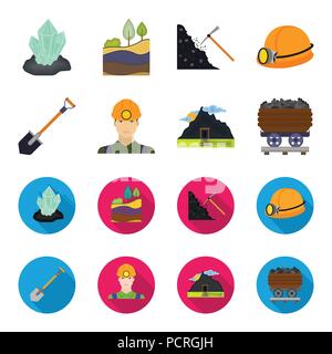 A shovel, a miner, an entrance to a mine, a trolley with coal.Mine set collection icons in cartoon,flat style vector symbol stock illustration . Stock Vector