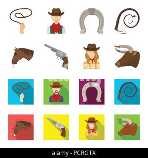 Head of a horse, a bull head, a revolver, a cowboy girl. Rodeo set collection icons in cartoon,flat style vector symbol stock illustration . Stock Vector