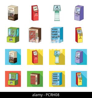 A game machine, a ticket sales terminal, an automaton for selling aqua and chocolate. Terminals set collection icons in cartoon,flat style isometric v Stock Vector