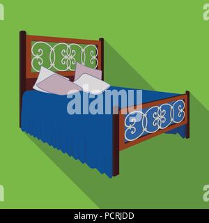 Wooden bed for teenager with graffiti on the back.Bed with blue linens.Bed single icon in flat style vector symbol stock web illustration. Stock Vector