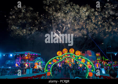 Fireworks during the lanterns at River Hongbao celebration in Singapore Stock Photo