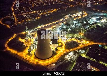 Aerial photo, night shot, Duisburg-Walsum coal power plant, STEAG, municipal utilities, Rhine, Duisburg, Ruhr district, North Rhine-Westphalia, Germany, Europe Stock Photo