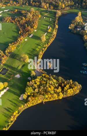 Duisburg Huckingen Golf and More, Duisburg golf course, bunkers, sand pits, on Lake Remberger See, aerial view of Duisburg, Ruhr area Stock Photo