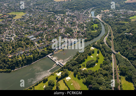 Aerial view, Lake Baldeneysee Essen Werden with weir, Essen, Ruhr area, North Rhine-Westphalia, Germany, Europe Stock Photo