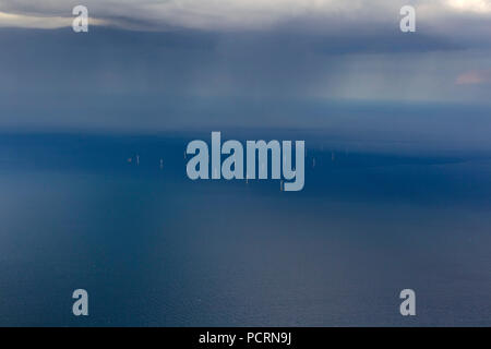 Aerial view, wind farm EnBW Baltic 1, offshore wind farm in Baltic Sea off the coast of Mecklenburg-Western Pomerania, north of the peninsula Fischland-Darß-Zingst, wind power plant, wind energy, Darßer Ort, Baltic Sea, Mecklenburg-West Pomerania, Germany, Europe Stock Photo