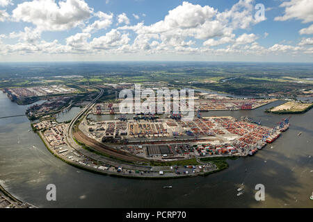 Aerial view, container port, Waltershofer port, container ships, Eurogate, Eurogate Container Terminal, Port of Hamburg, Hamburg, Hamburg, Germany, Europe Stock Photo