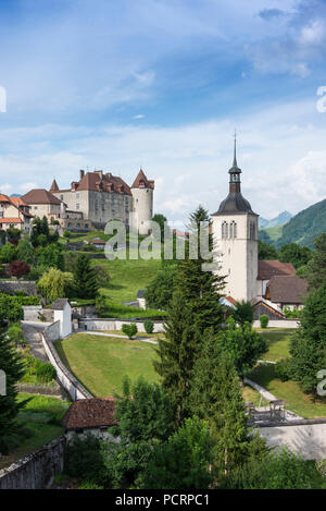 View of town and castle, Gruyeres, Canton of Fribourg, Western Switzerland, Switzerland Stock Photo