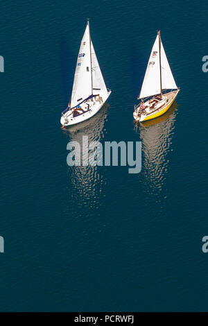 Leisure facility, aerial view, sailing boats on the Bigge Dam, Biggesee Attendorn Stock Photo
