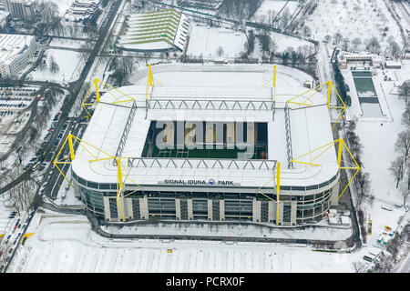 Aerial view, Signal Iduna Park, Westfalenstadion, BVB Dortmund Bundesliga stadium in the snow, Dortmund, Ruhr area, North Rhine-Westphalia, Germany, Europe