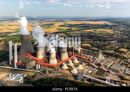 Niederaussem power plant, RWE power, power generation, lignite power station, base load power plant, chimneys, trail of smoke, Bergheim, Lower Rhine, North Rhine-Westphalia, Germany, Europe Stock Photo