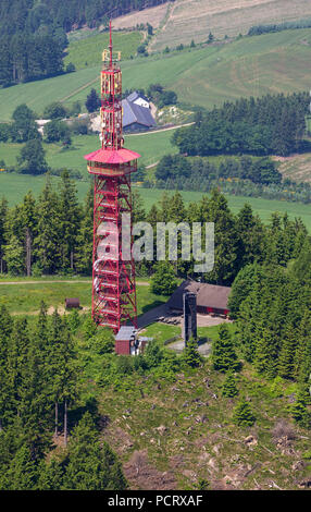 Stüppelturm(tower) on the Stüppel, highest mountain of the municipality Bestwig, aerial view of Bestwig, Sauerland Stock Photo