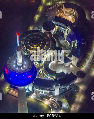 Aerial photo, glowing TV tower with state parliament, Dusseldorf, Rhineland, North Rhine-Westphalia, Germany, Europe Stock Photo